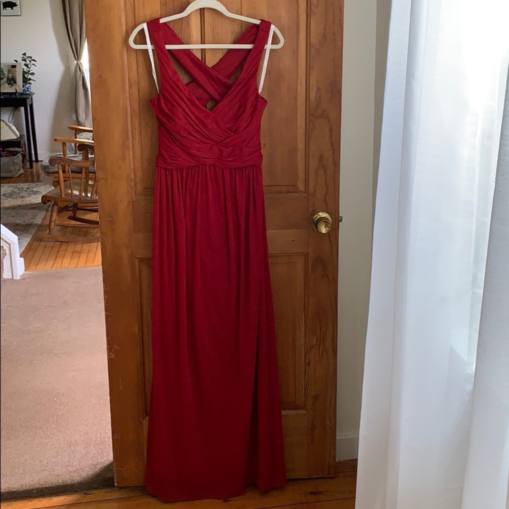 David’s Bridal long crisscross bridesmaid dress